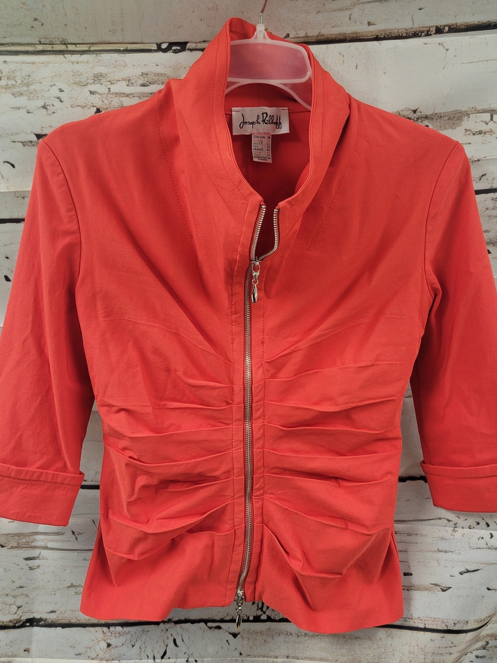 Joseph Ribkoff Coral Red Zip Front Jacket Ruched Pleated 3/4 Sleeve